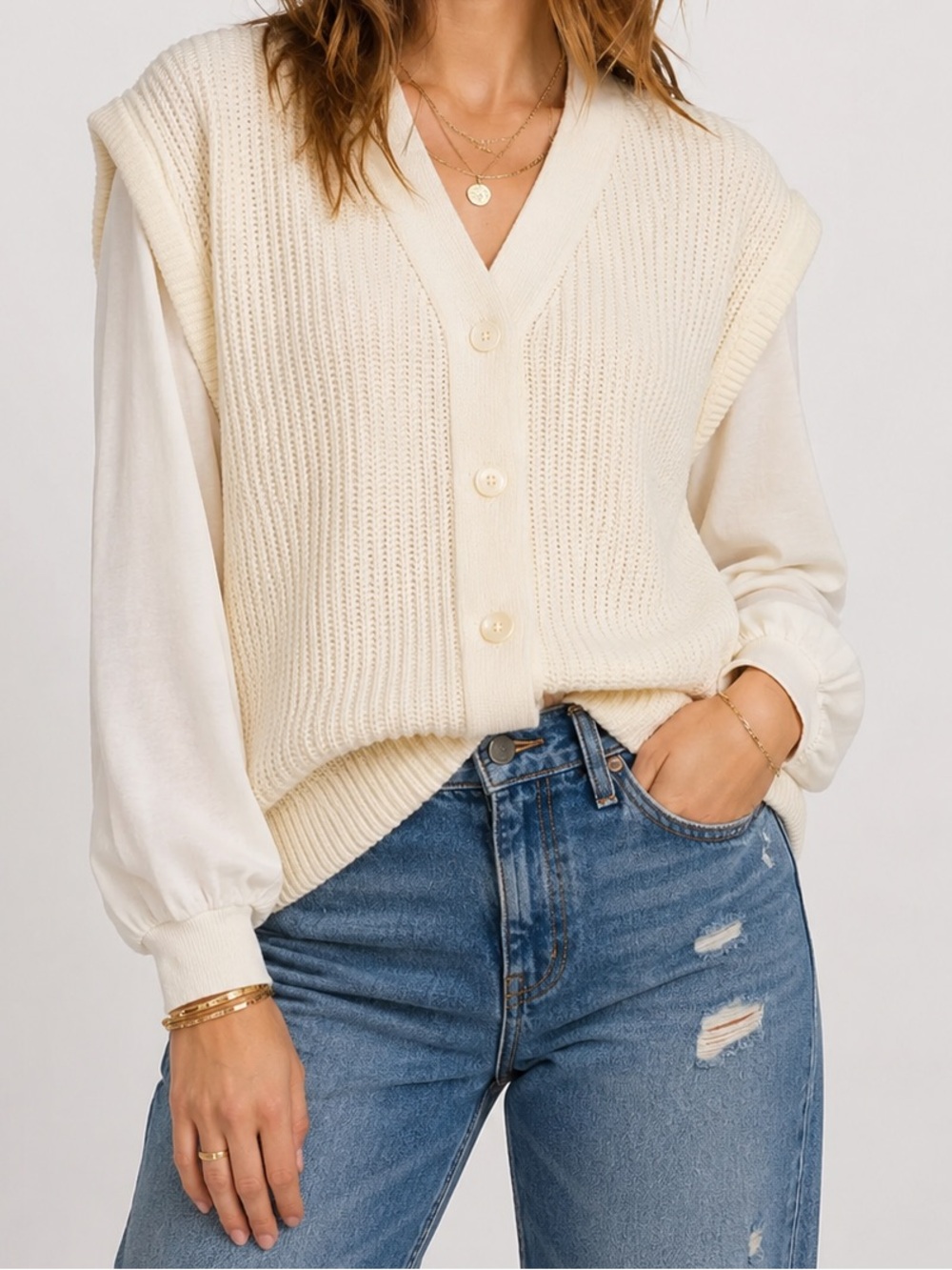 Vintage White Sweater Vest Cardigan Sweater Button Up Size Large - Picture 3 of 13